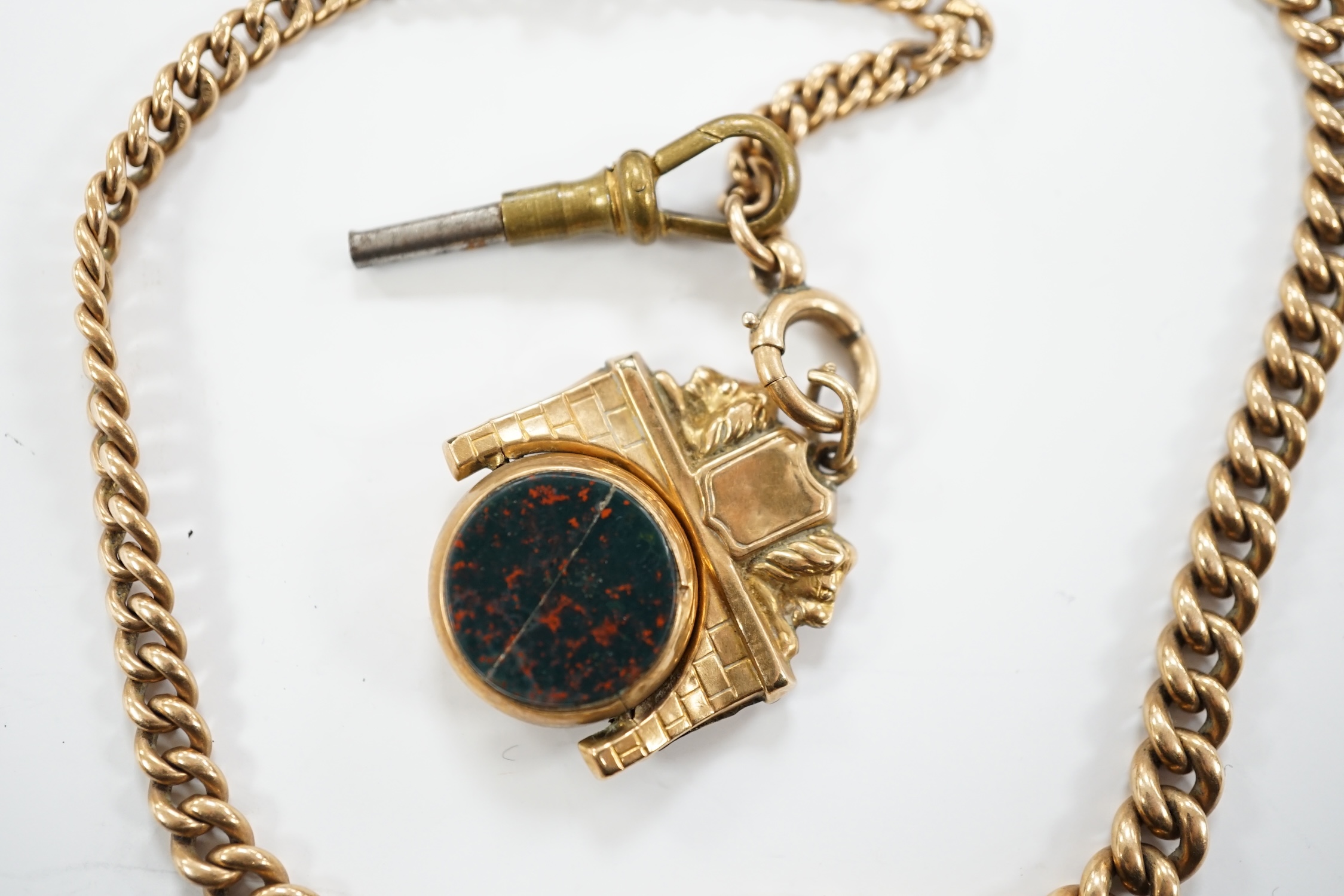 A 9ct gold albert with a bloodstone and carnelian set fob, gross weight 37.4 grams.